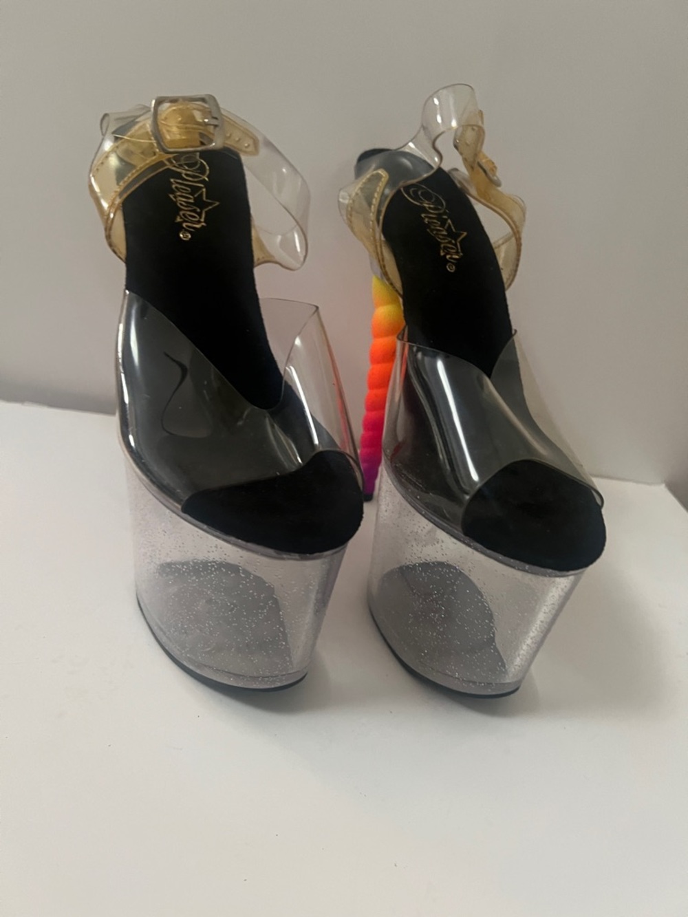Pleaser Clear Platform Sandals with Rainbow Spiral Heel and Gold Strap size 8M